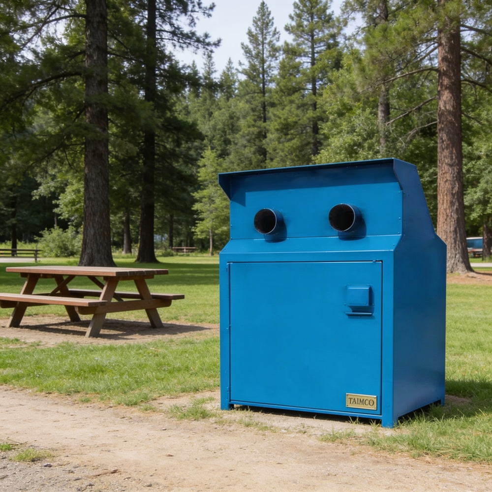 A bright blue Tahoma commercial trash compactor unit situated outdoors in a grassy park area with pine trees and a wooden picnic table in the background.