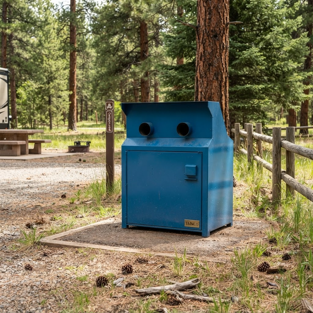 A blue metal outdoor trash compactor with two circular openings on top, situated on a concrete pad in a wooded campsite setting.