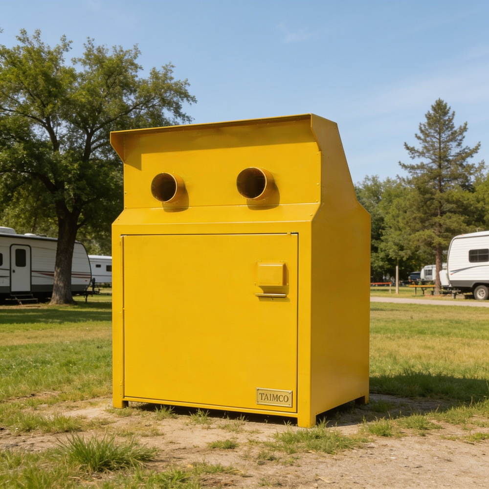 A bright yellow outdoor utility or storage cabinet with two round vent-like openings on top, a front door, and a small PALMO brand plate near the bottom, photographed in a grassy campsite setting with trees and RVs in the background.