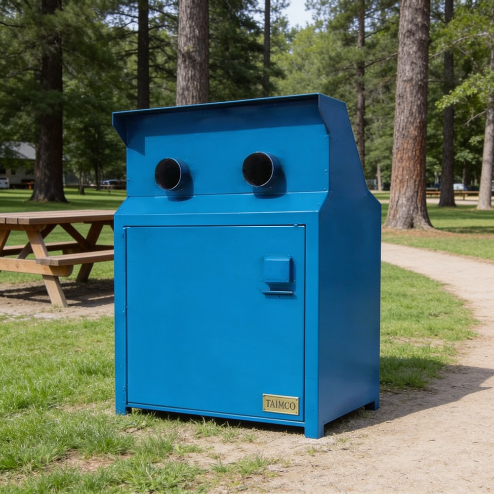 A bright blue metal trash compactor unit with two circular openings on top and a small gold TAIICO brand plate on the lower right corner, situated outdoors on a grassy path in a park with trees and a picnic table in the background.