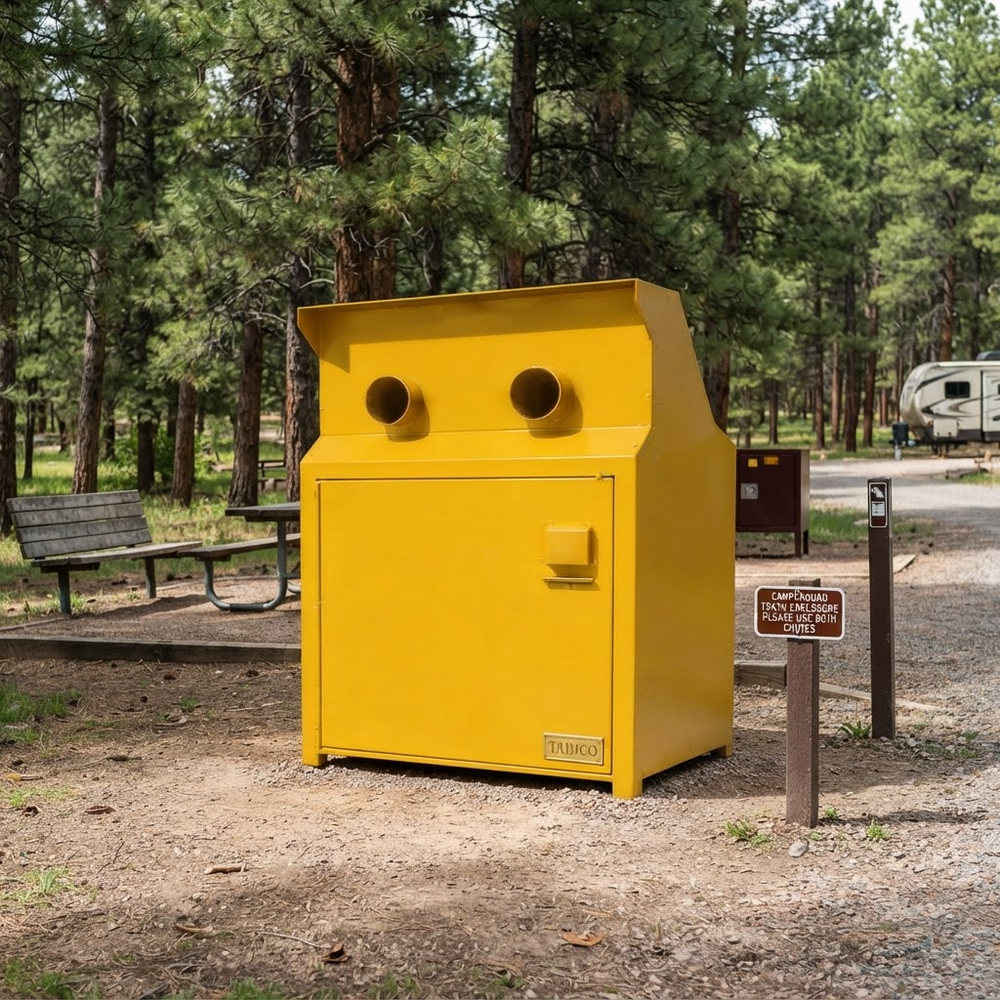 A bright yellow metal trash compactor unit standing outdoors in a wooded campsite area with trees, a picnic bench, a gravel path, and a small sign nearby.