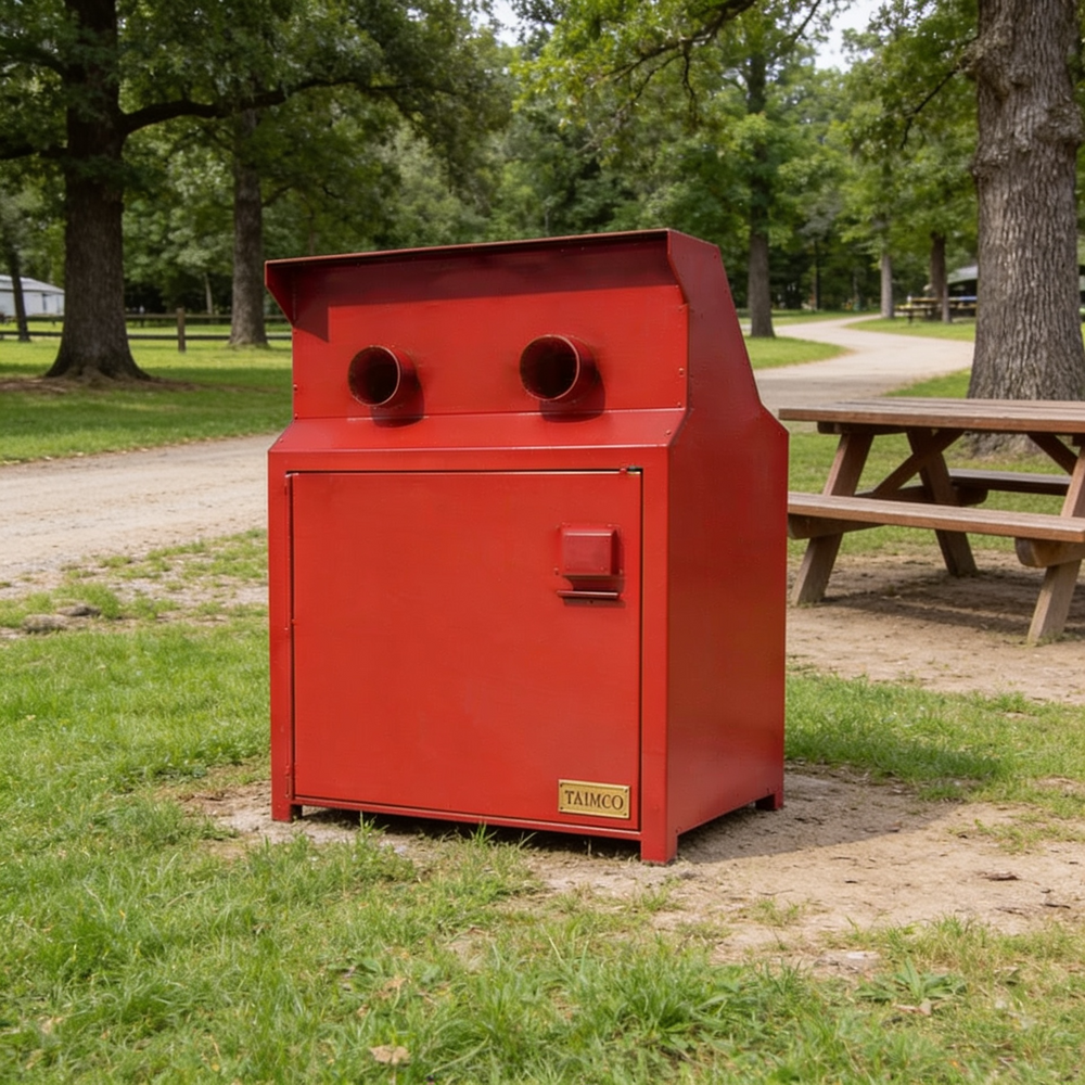 A red metal trash compactor unit with two circular openings on top, standing on grass in a park next to a wooden picnic table. A small gold badge on the lower front reads TAMCO.