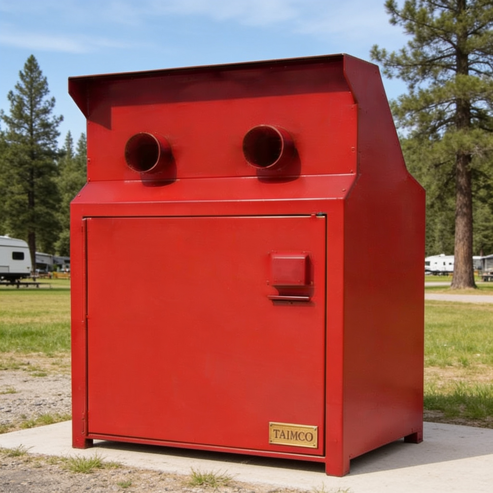 A red metal industrial cabinet or filter housing with two circular openings on top and a small gold TAIMCO badge, photographed outdoors on a concrete pad with grass, trees, and RVs in the background.