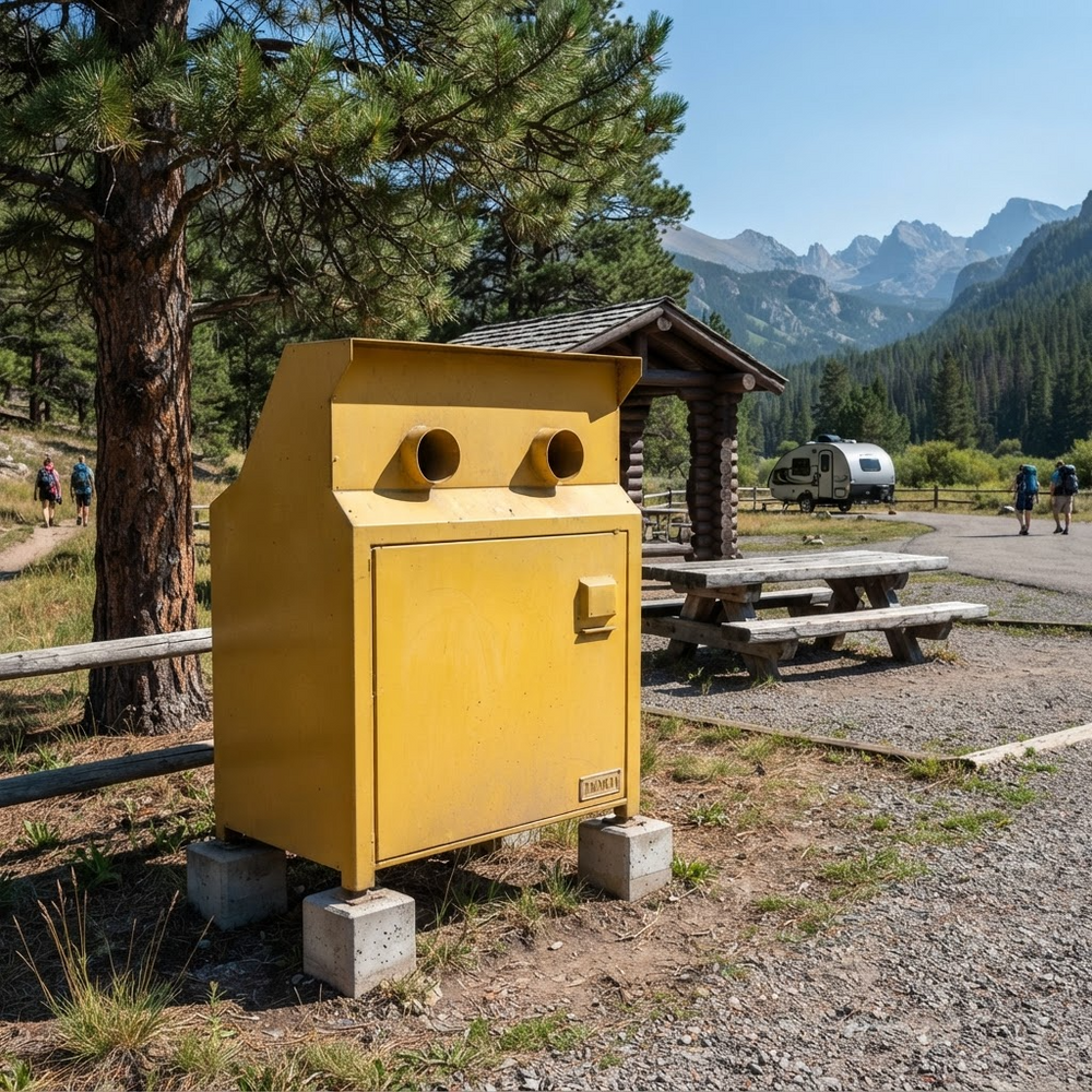 A yellow metal trash compactor unit on concrete blocks at a mountain campsite, with a log cabin, picnic table, and distant mountains in the background.