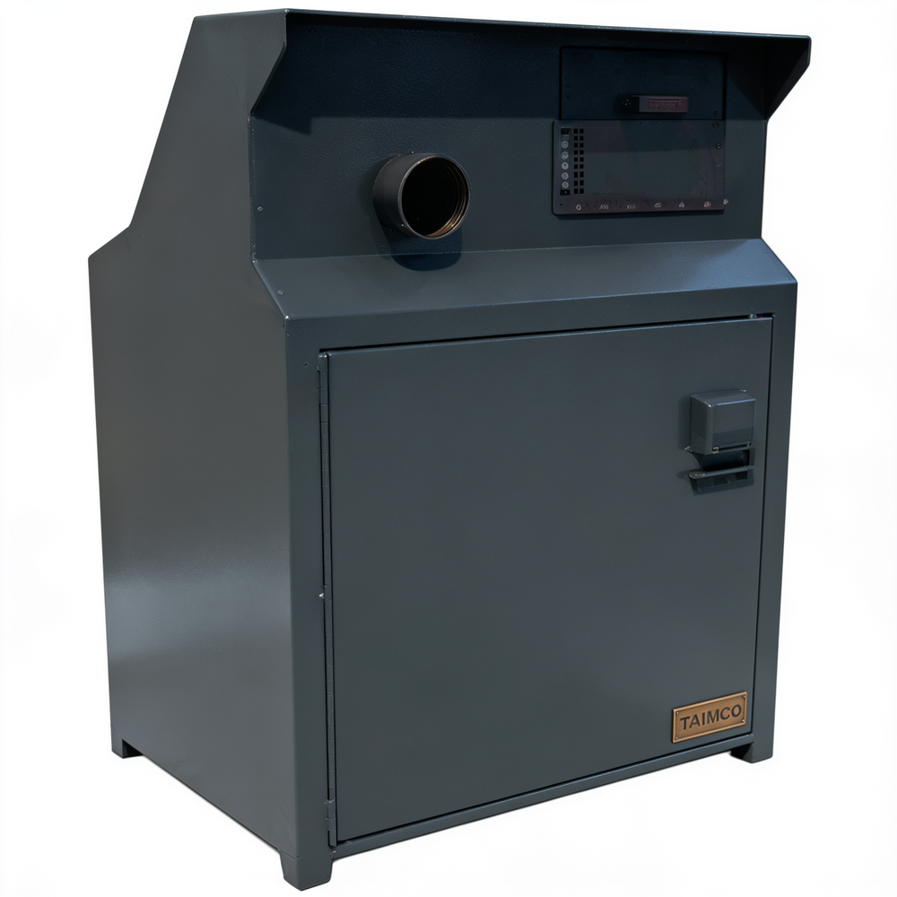 A dark gray industrial metal cabinet with a front door, keypad display, circular opening on top, and a small TAINCO logo badge on the lower right corner, isolated on a white background.