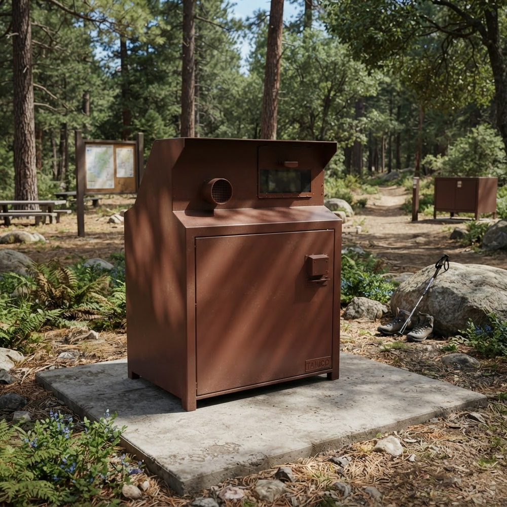 A rust-brown metal outdoor storage cabinet or utility unit with a hinged lid and small window, placed on a concrete pad in a wooded campsite setting.