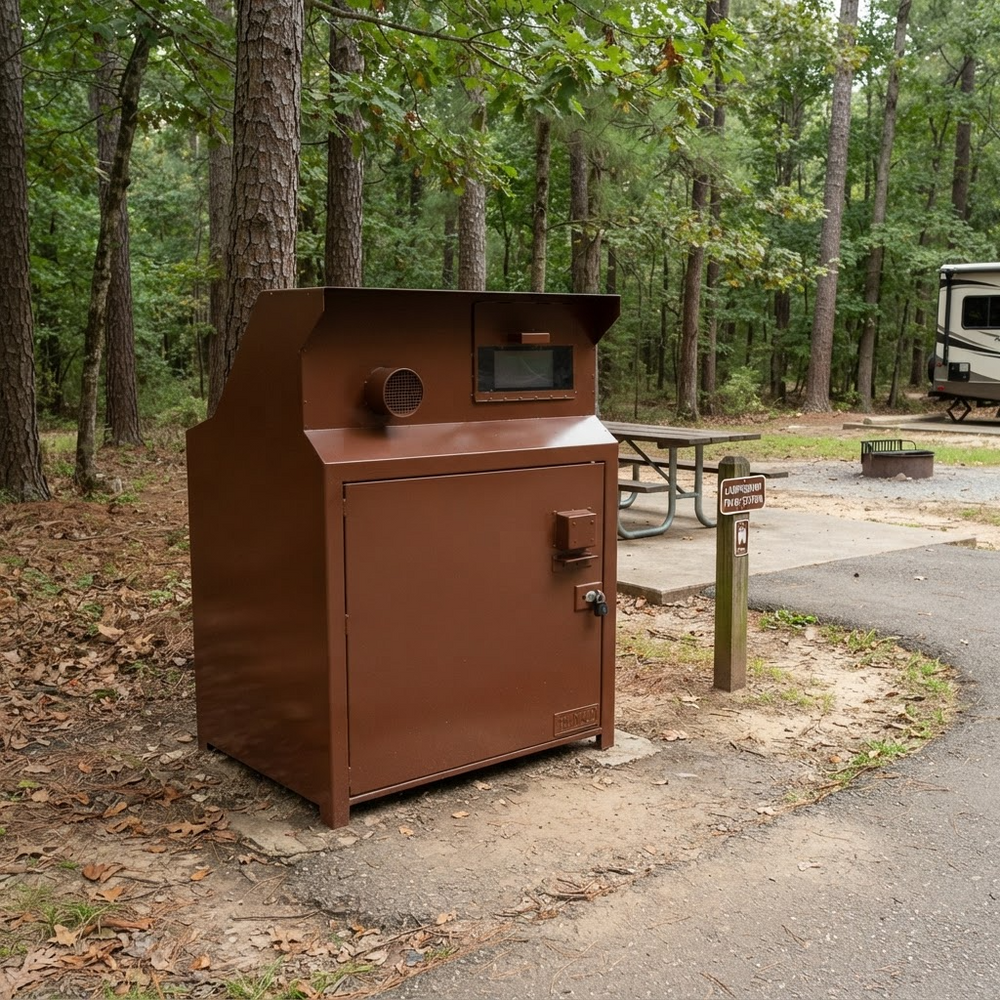 A brown metal RV waste disposal unit or composting bin situated outdoors at a campsite, next to a picnic table and surrounded by trees.