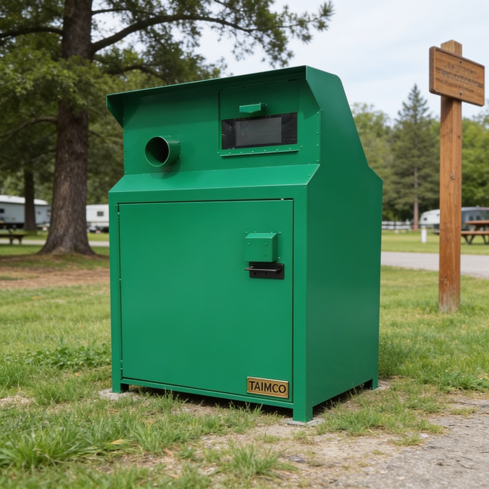 A green TAIMCO commercial trash compactor unit situated outdoors on a grassy area near a wooded park setting.