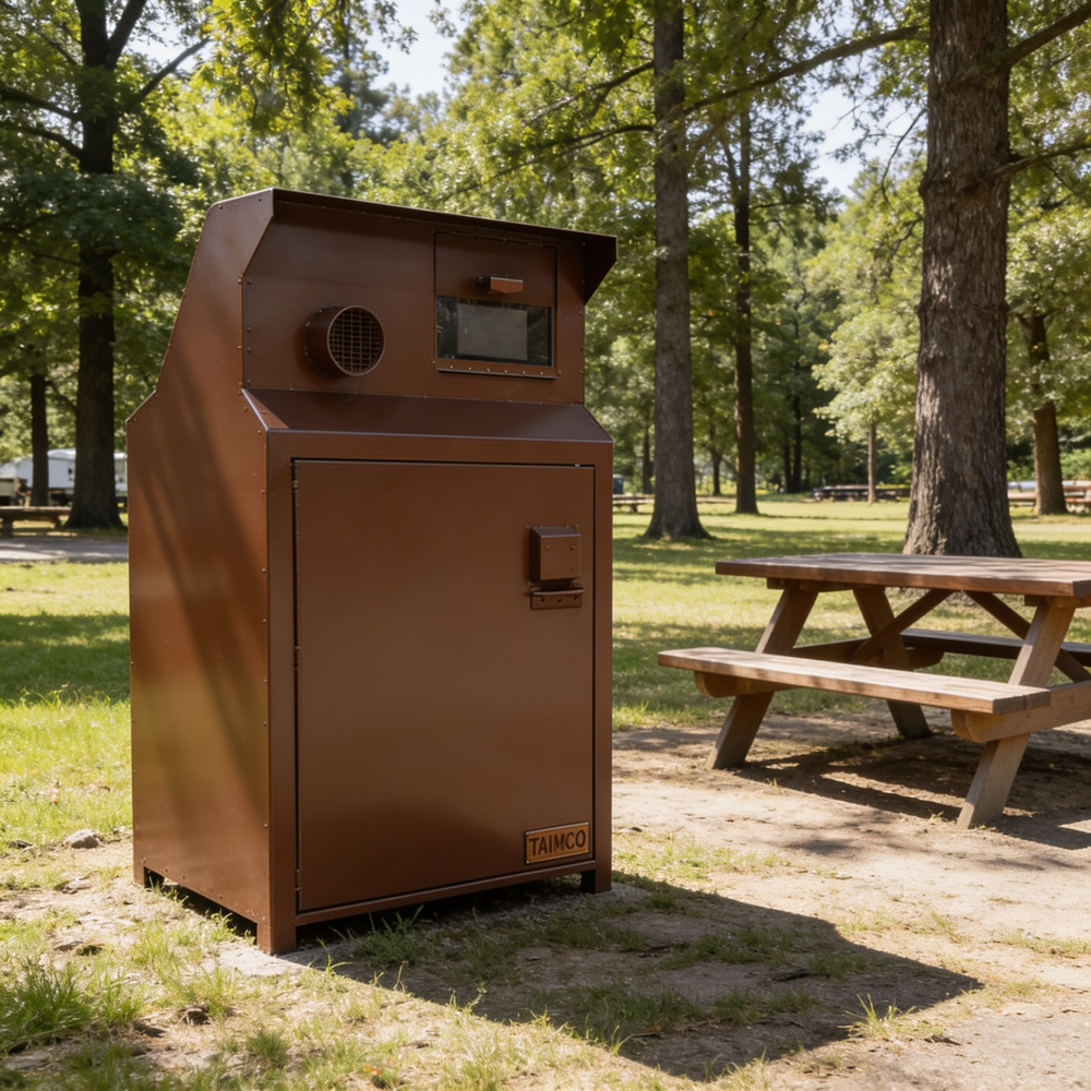 A large brown metal outdoor storage cabinet or grill unit stands on grass at a park, next to a wooden picnic table. Trees and grass are visible in the background, and the cabinet has a small visible TAMCO logo near the bottom right corner.