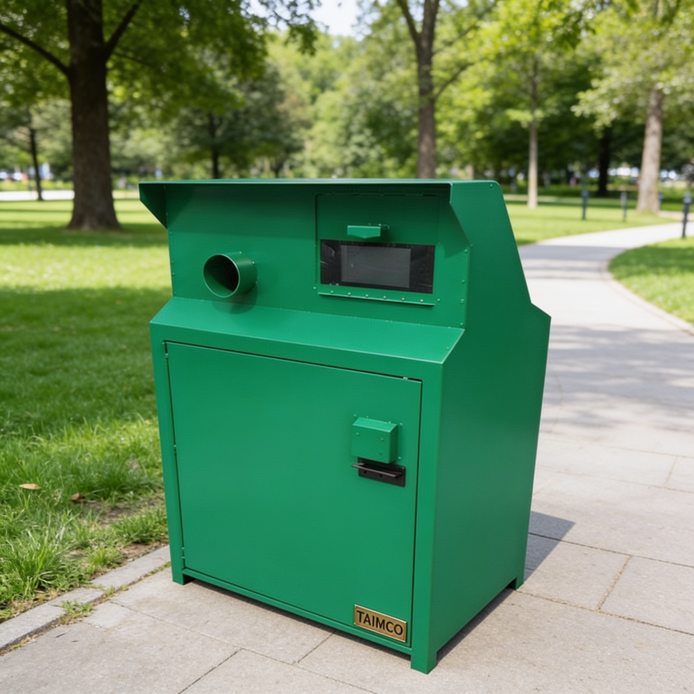 A green TAIYO industrial metal bin or dumpster with a hinged lid, set on a paved pathway in a sunny park with green grass and trees in the background.