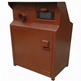 A brown metal industrial storage cabinet with a front door, handle, and a small vented panel on the upper left, photographed on a plain white background.
