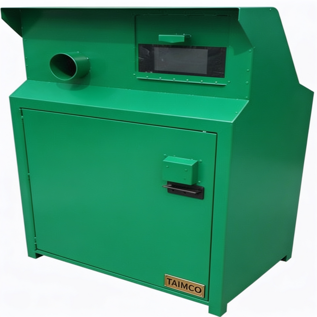 A green industrial metal cabinet or machine housing with a front door, side handle, top opening, circular vent, and a small TAIMCO label near the bottom right, shown on a plain white background.