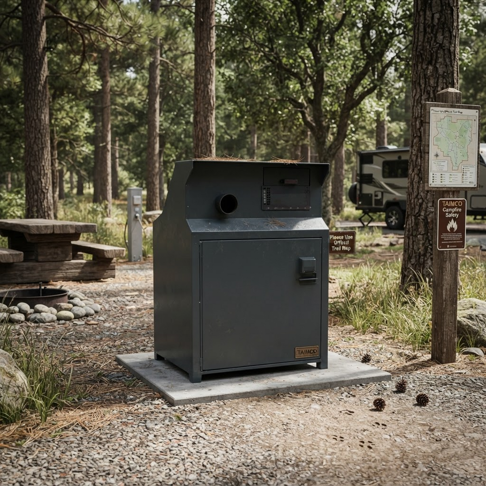 A dark gray metal dumpster or trash container on a concrete base at a gravel campsite, surrounded by trees, a picnic table, and a signpost.