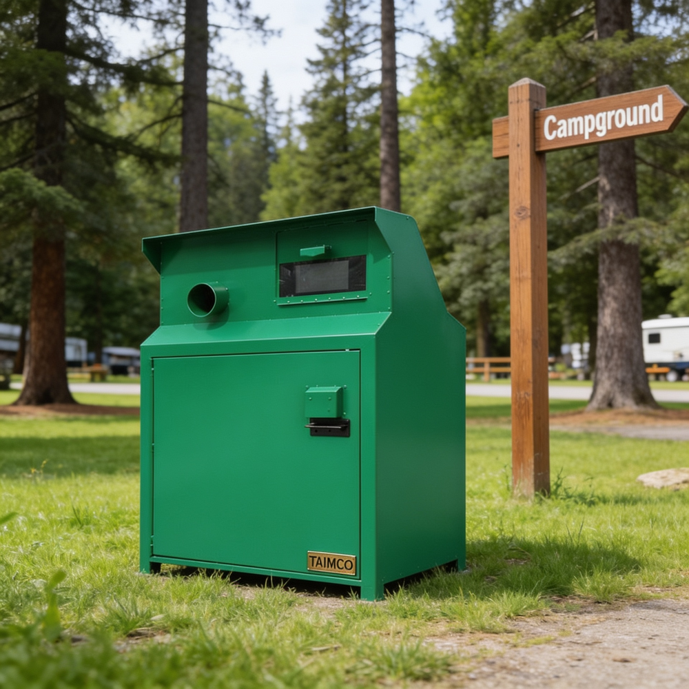 A green metal TAIMCO dumpster or storage container placed outdoors on grass beside a wooden sign that reads 'Campground,' with trees and a campsite area in the background.