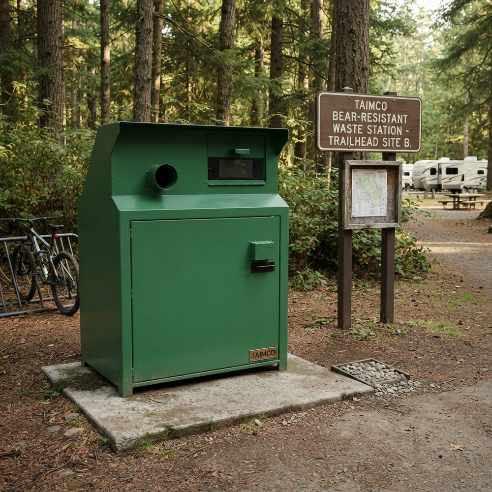 A green Tainco bear-resistant waste station box sits on a concrete base in a forest campsite setting, next to a brown sign that reads 'TAINCO BEAR-RESISTANT WASTE STATION - TRAILHEAD SITE B.'.