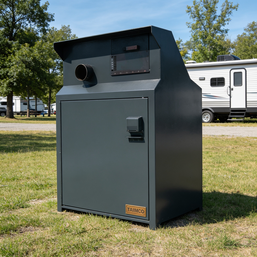 A large dark gray Taimco outdoor storage cabinet or safe standing on grass in a campsite area, with trees and an RV visible in the background.
