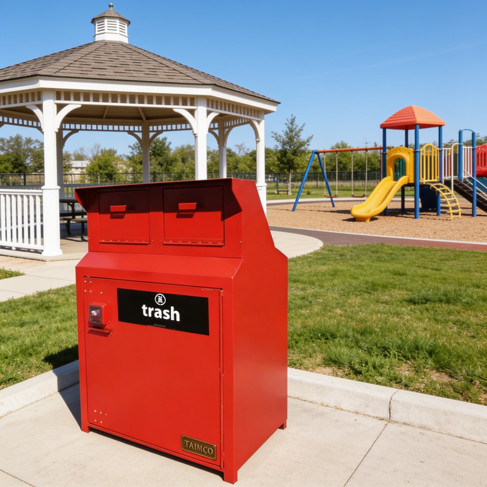 Red trash bin with 'Tainco' branding in a park setting with a gazebo and playground.