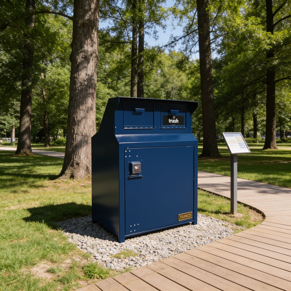Blue trash bin in a park setting with trees and a pathway.