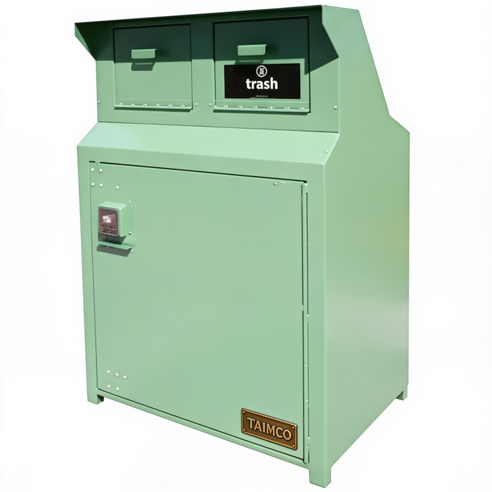 Green trash bin with 'Taimco' branding on a white background