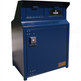 Blue trash receptacle with a visible brand logo on a white background