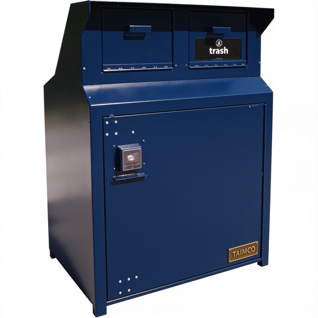 Blue trash receptacle with a visible brand logo on a white background