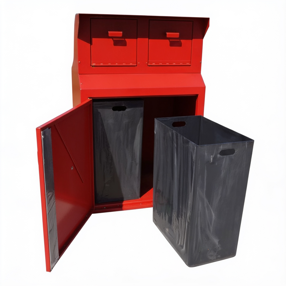Red storage unit with black trash cans on a white background