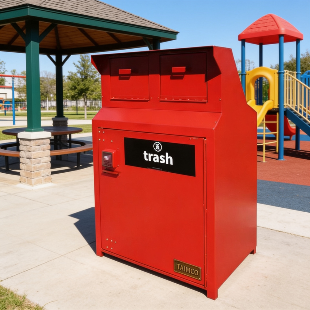 Red trash bin with 'Tainco' branding in a park setting