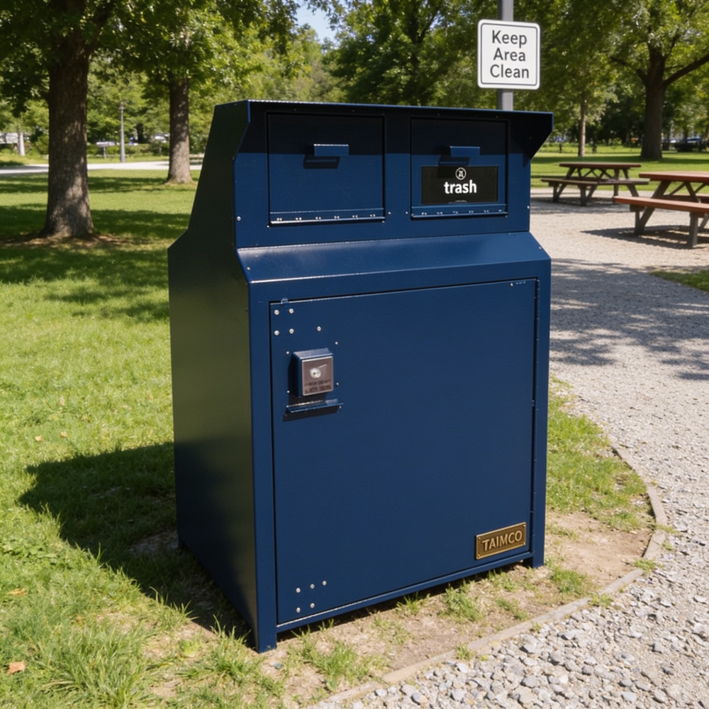Blue trash bin in a park with picnic tables and trees in the background