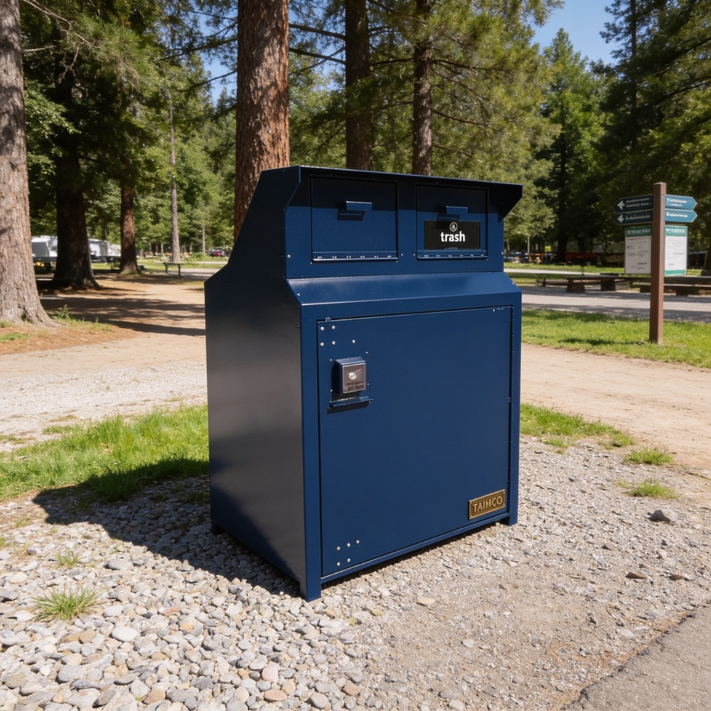 Blue trash bin in a park setting with trees and pathways in the background