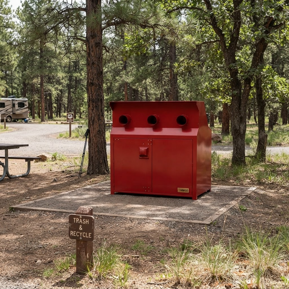 Durable yellow steel enclosure designed with upper ventilation ports and lower storage doors