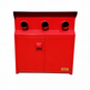 Industrial metal cabinet with three circular hose ports and two hinged service doors