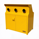 Metal equipment enclosure with three round ports and dual access doors for maintenance