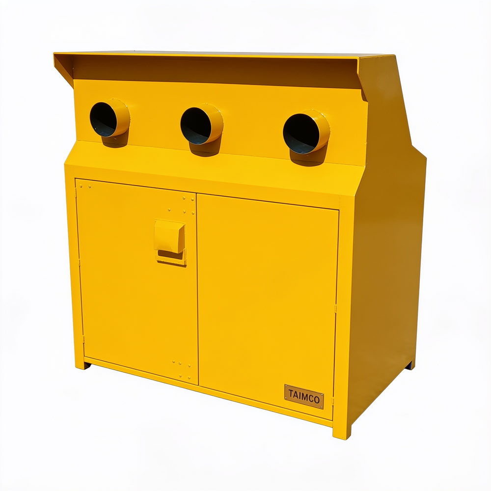 Metal equipment enclosure with three round ports and dual access doors for maintenance
