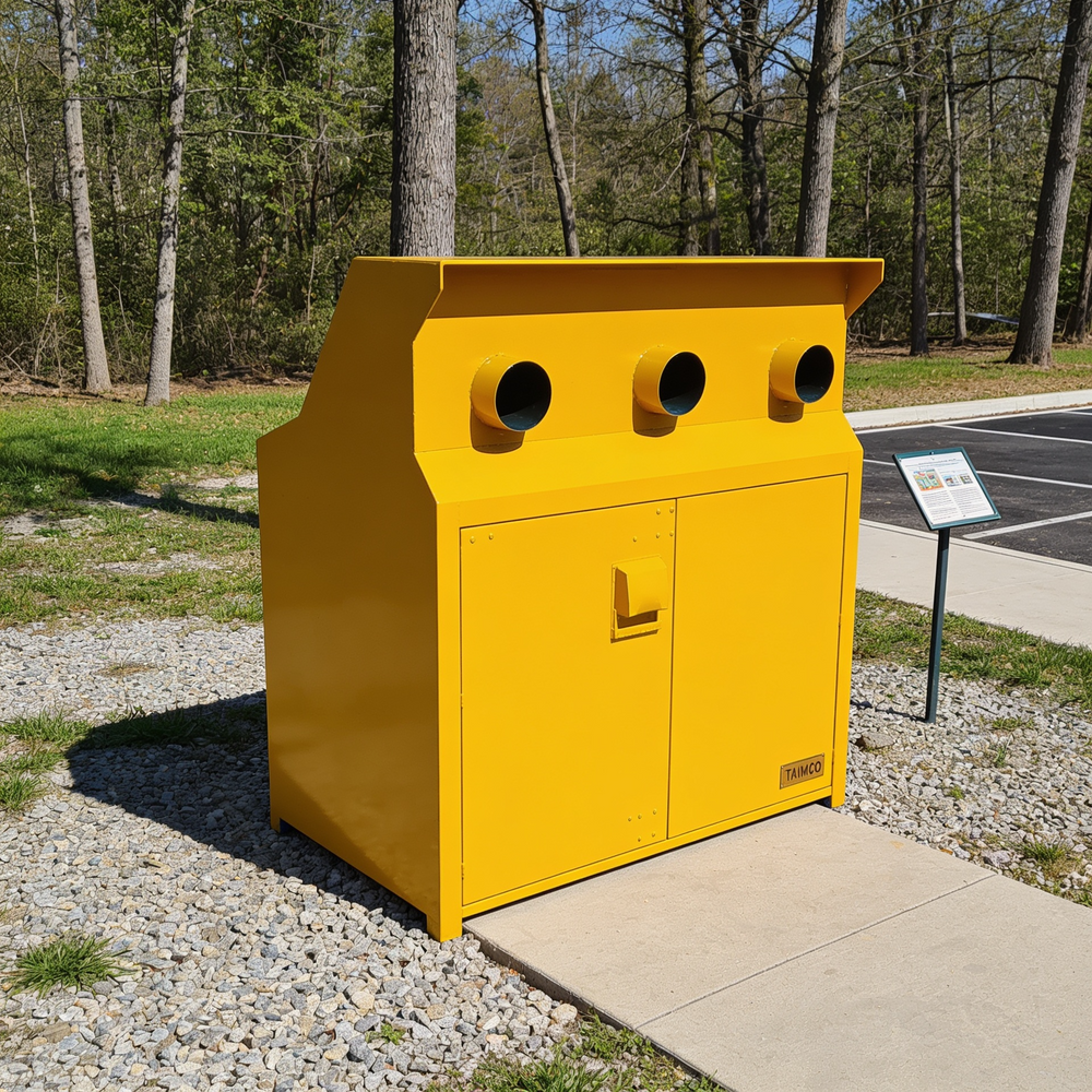 Durable yellow steel enclosure designed with upper ventilation ports and lower storage doors
