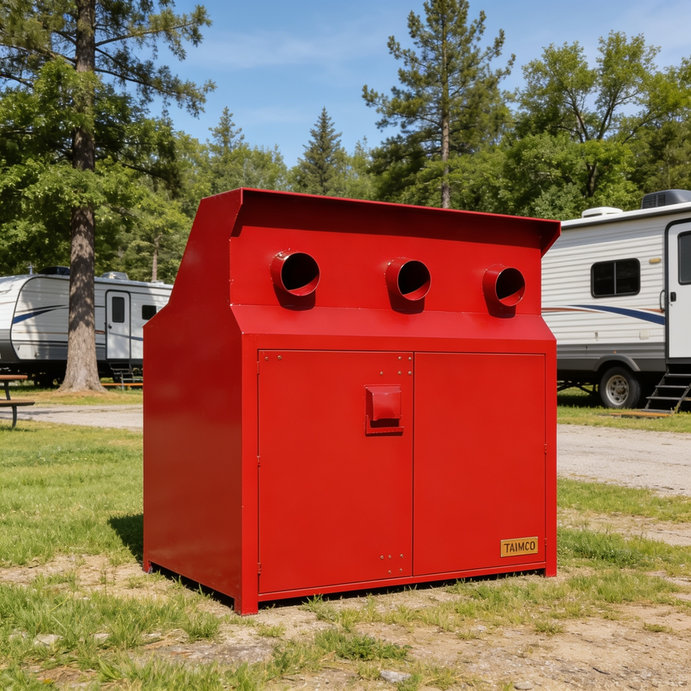 Industrial metal cabinet with three circular hose ports and two hinged service doors