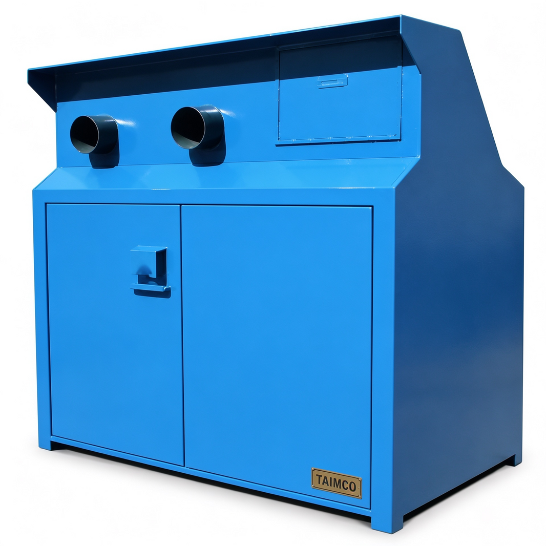 Blue industrial metal cabinet with dual circular exhaust ports and lower double doors