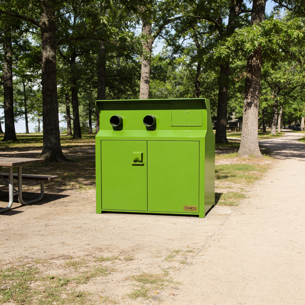 Sturdy steel workstation cabinet with two circular vents and lower double‑door access