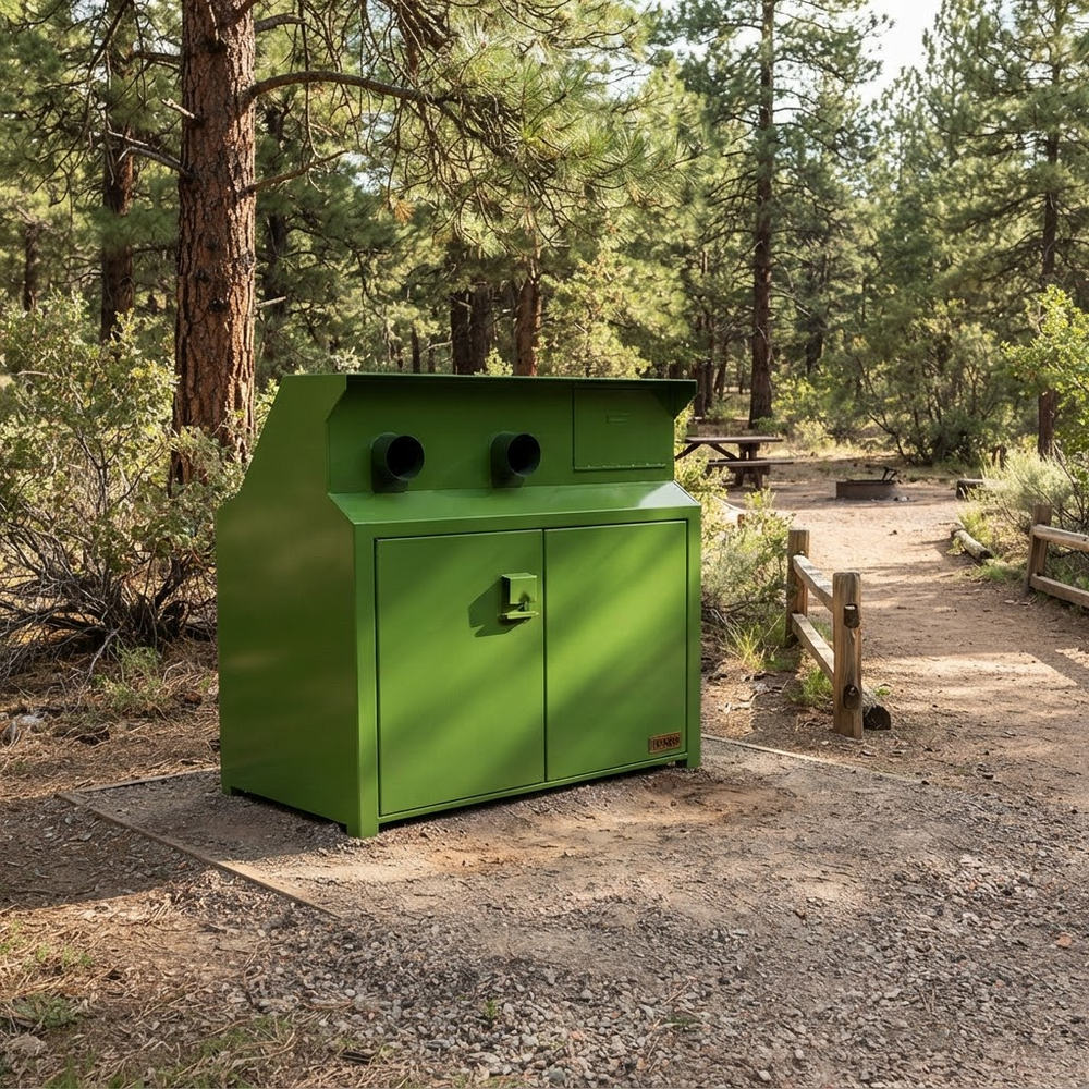 Blue workshop cabinet with upper exhaust openings and TAIMCO label on lower right

