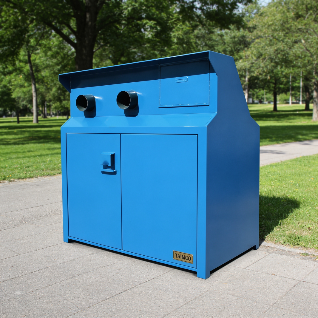 Heavy‑duty steel enclosure featuring two round ventilation ports and front access doors