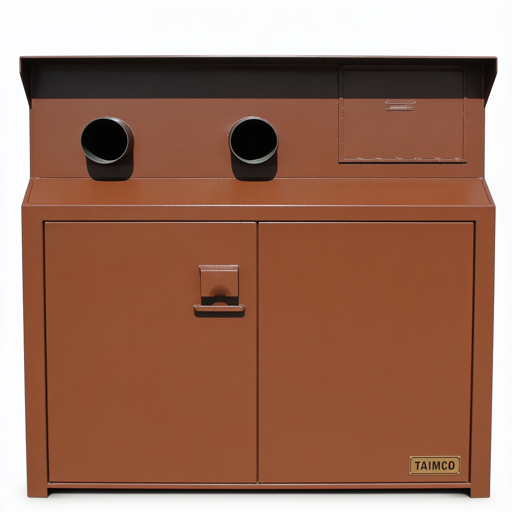Commercial equipment enclosure featuring two round exhaust connectors and storage doors
