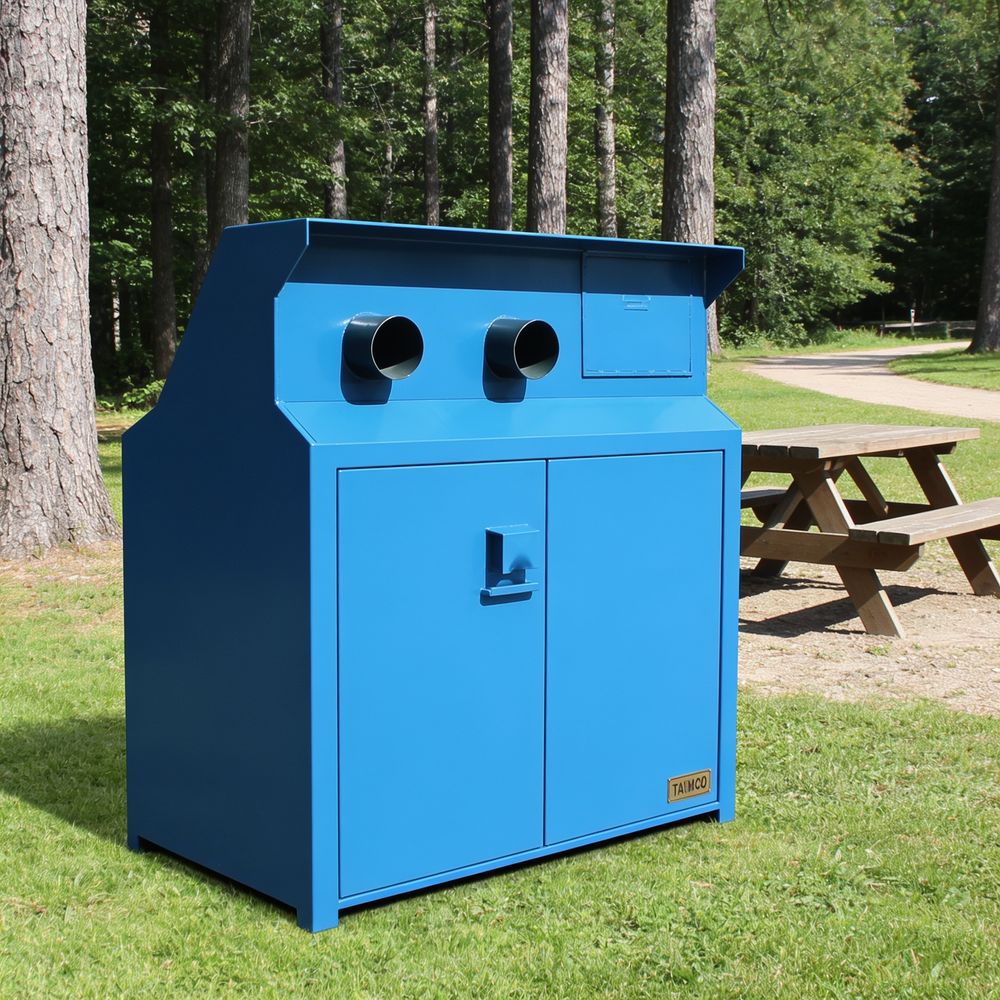Blue powder‑coated industrial cabinet with upper vent ports and front handle