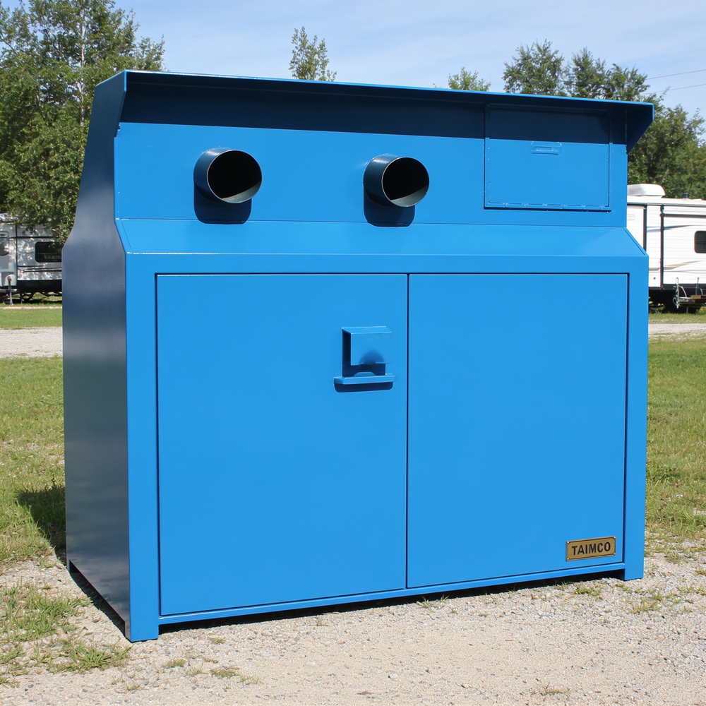 Sturdy steel workstation cabinet with two circular vents and lower double‑door access