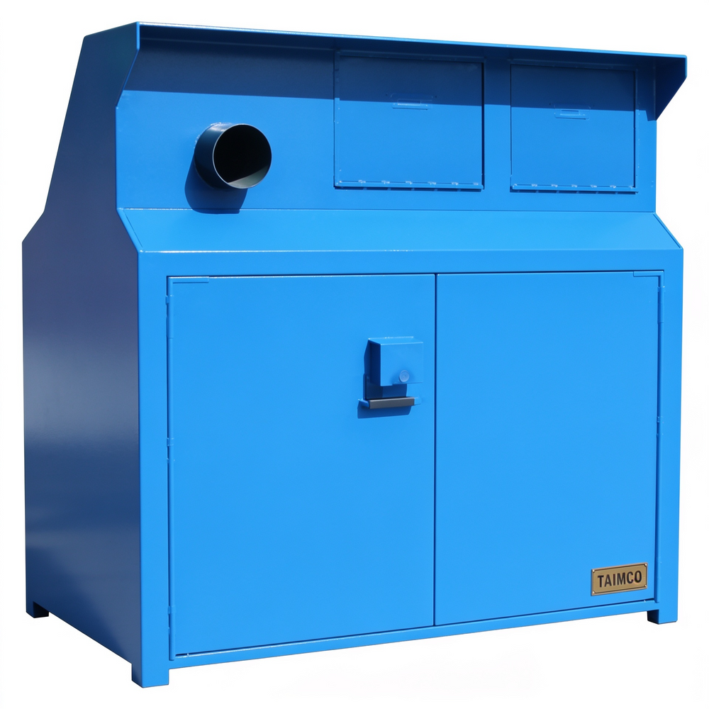 Blue industrial metal cabinet with dual circular exhaust ports and lower double doors