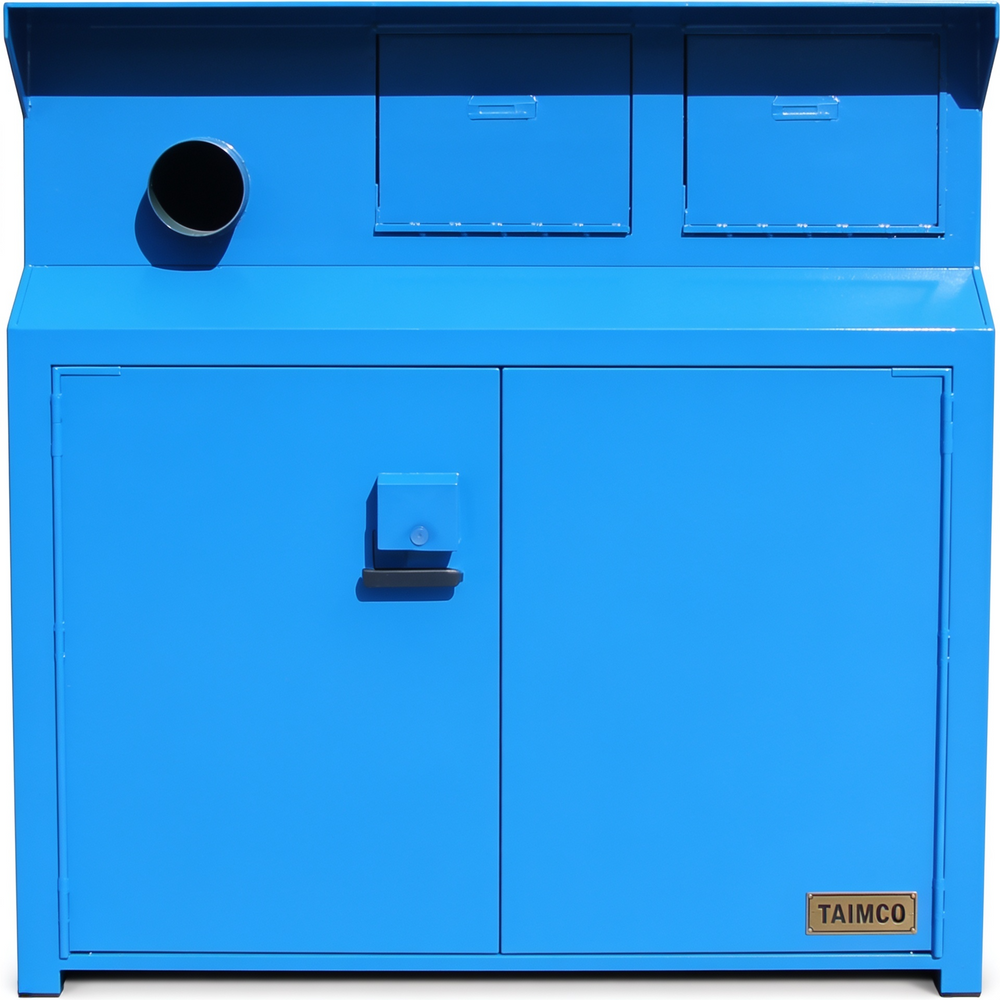 Blue powder‑coated industrial cabinet with upper vent ports and front handle