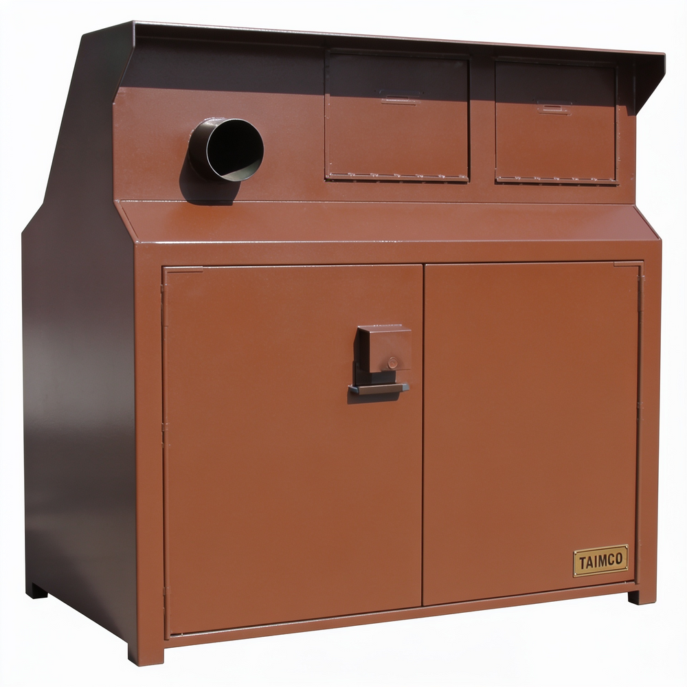 Heavy‑duty steel enclosure featuring two round ventilation ports and front access doors