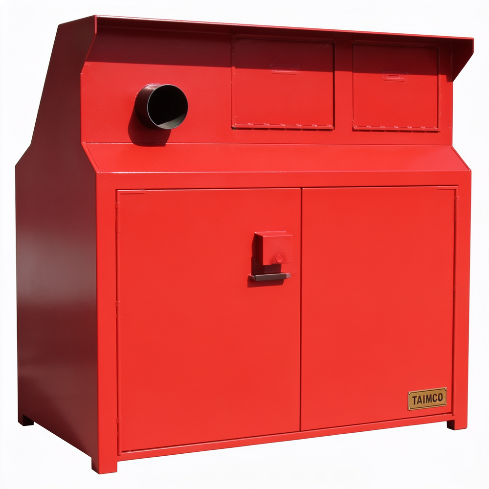 Industrial metal workstation with dual circular ports and hinged lower service doors