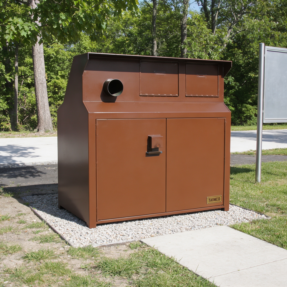 Industrial metal workstation with dual circular ports and hinged lower service doors