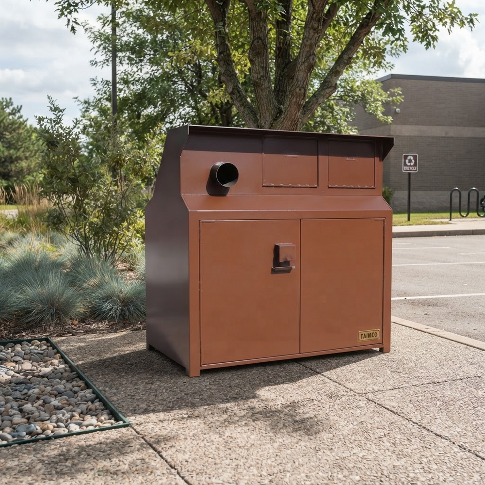 Industrial blue enclosure featuring exhaust ports and TAIMCO branding plate