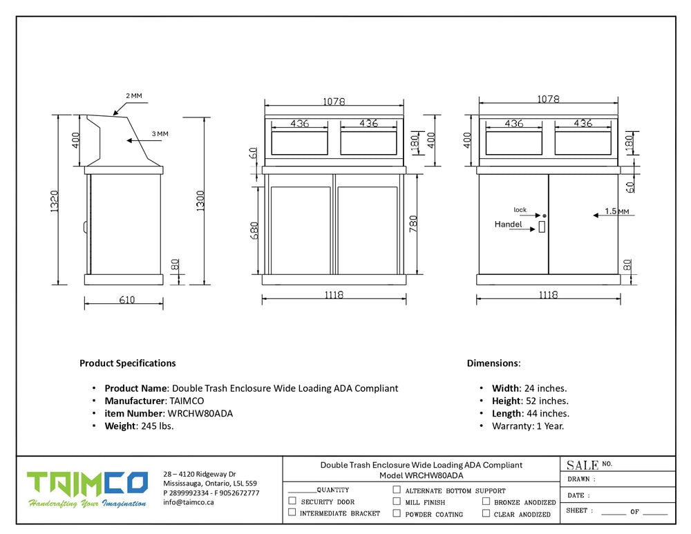Technical dimension drawing and product specification sheet for a double trash envelope wide loading ADA compliant model VRC18HBADA trash bin by TAIACO.