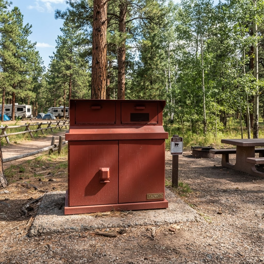 A red metal trash and recycling bin unit with a double-compartment lid and a small sign on a post, situated outdoors in a wooded campsite area with trees, picnic tables, and a wooden fence.